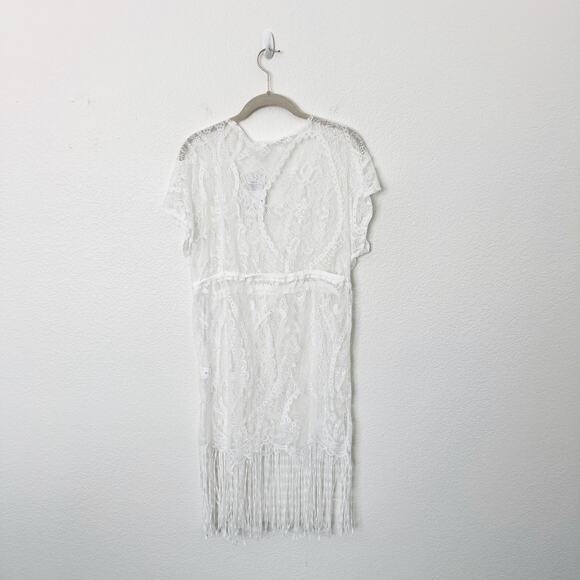 [Costyleen] White Fringe Hem Scoop Neck Sheer Beach Swim Coverup NWT Sz Medium M - Picture 3 of 11